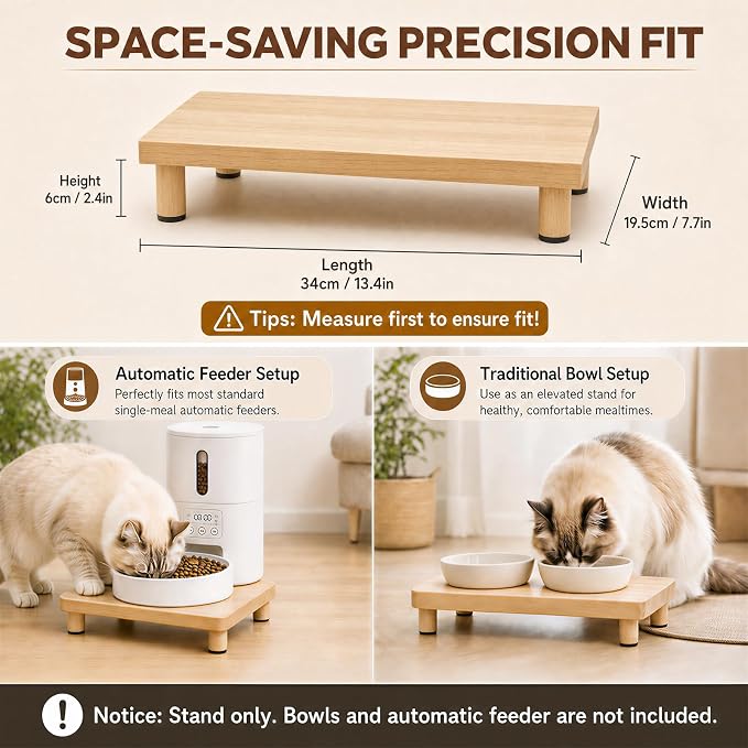 Elevated Cat Food Stand for Automatic Feeder, 2.4" Raised Cat Bowl Stand | Pet Food Station for Neck & Joint Care, Waterproof Solid Wood Cat Feeder Stand, Cat Food Table with Non-Slip Feet