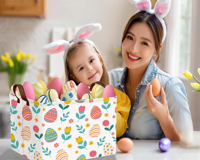 Large Rectangular Easter Baskets Empty Waterproof Boy Toy Box Foldable Kid's Gifts Storage Bin Spring Room Decor(Rose Egg)