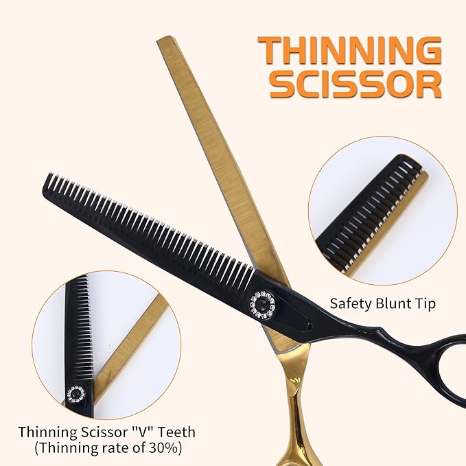 7 Inch Professional Dog Grooming Scissors Kit, 6 in 1 Grooming Scissors for Dogs, Pet Grooming Shears Set, Straight Scissor & Thinning Shear & Curved Scissor & Chunker Shear (Black Gold)