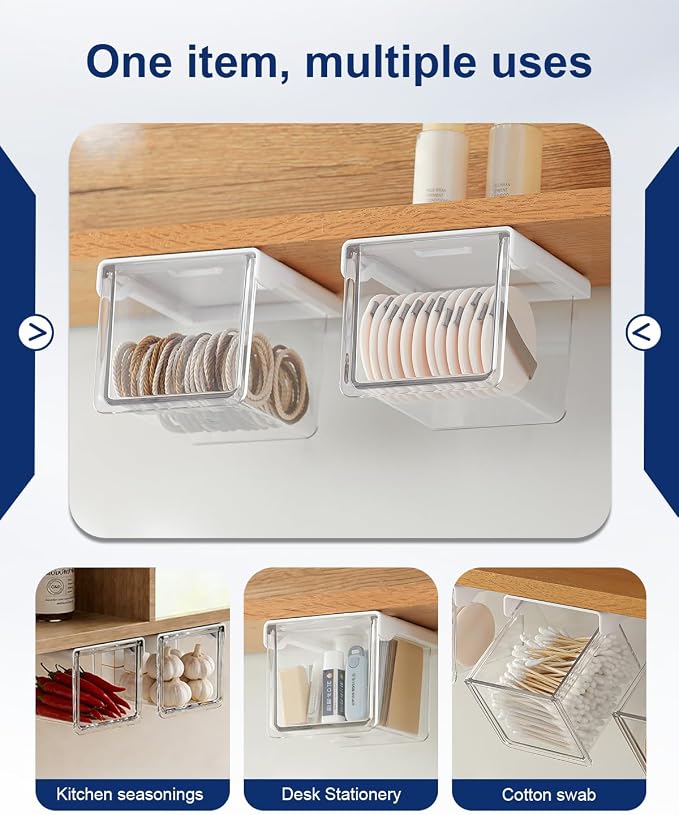 Hanging Cabinet Organizer – 33° Tilted Under Desk Drawer & Bathroom Storage – Self-Adhesive Clear Pull-Out Bins for Kitchen, Office & Vanity (Small)