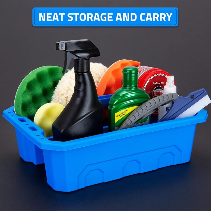 CANOPUS Storage Tray Tote with Functional Holes - 2 PCs Plastic Cleaning Caddy with Handle, Portable Caddy, Undersink Storage for Kitchen, Shoe Cleaning Box, Products Organizer, Blue