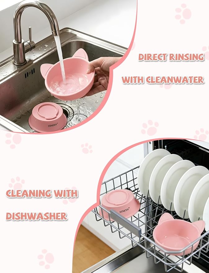 YINEYA Cat Bowls, Cat Food Bowl Elevated to Protect Neck & Anti-Vomit, Whisker-Friendly Raised Food & Water Bowls for Indoor Cats/Small Dogs, Cute Pet Feeding Bowl 6 OZ Each, Dishwasher Safe, Pink