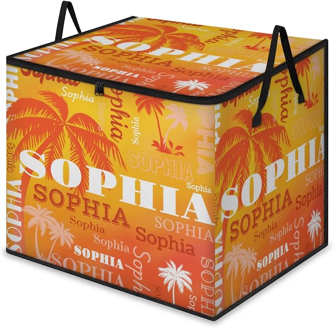 Custom Name Large Clothes Storage Organization with Lids, Shelf Basket, Bedding Clothes Towel Storage Bin for Nursery, Gift Basket, Pet Basket, Dark Orange Tropical Palm Trees Gradient Yellow Orange