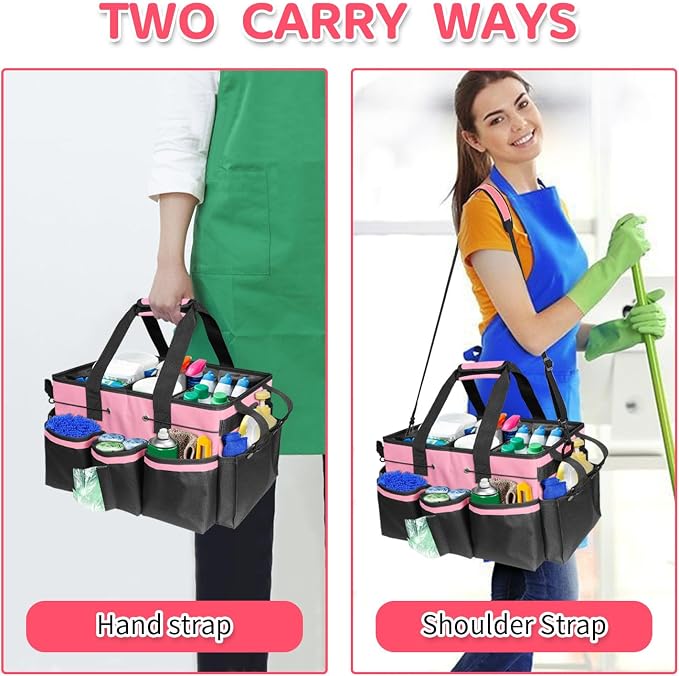 Boczif Cleaning Caddy Bag Wearable,Cleaning Caddy Supplies Organizer(Pink) | with Handle, Shoulder Straps & Detachable Divide, Cleaning Tool Organizers Tote Bag for Cleaners & Housekeepers