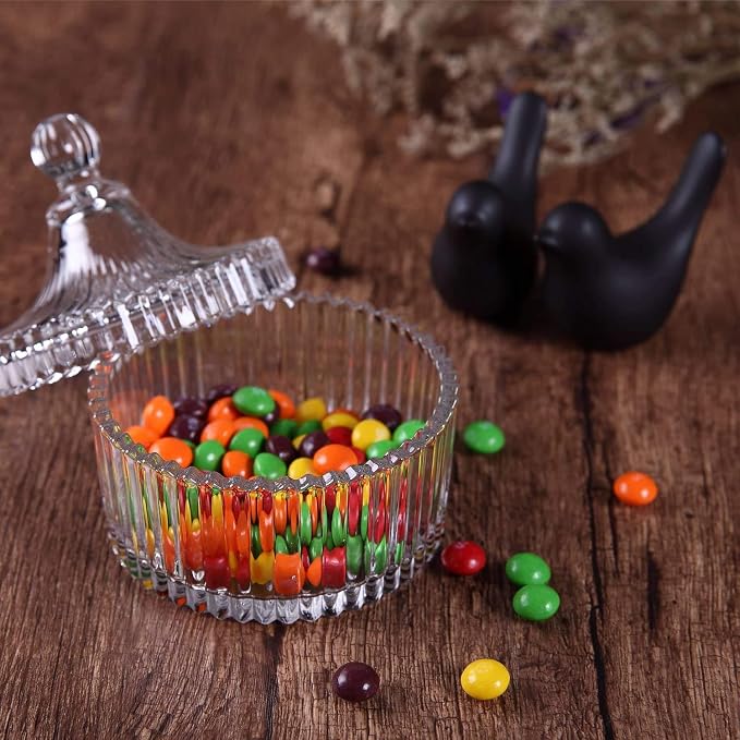 ComSaf 14oz Glass Candy Dish with Lid for Office Desk Small Jar Clear Cute | Covered Candy Storage, Coffee Table Office Desk Bathroom Vanity Decor, Countertop Display, Wedding Favors, Living Room Decor