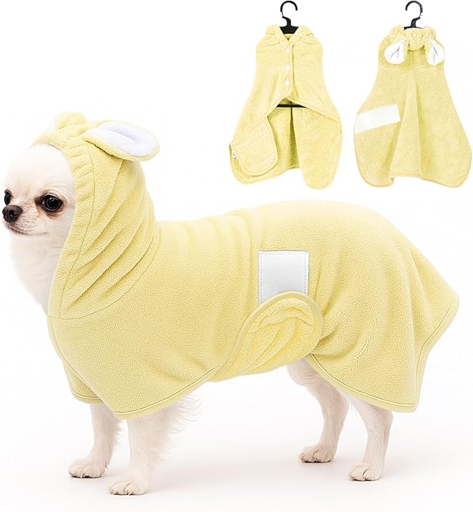 Pet Bathrobe Towel Dog Cat Drying Coat Super Absorbent Cute Dogs Bath Towel Hooded Robe Adjustable Collar & Belly Strap for XSmall to XLarge Pets (Yellow, Small)