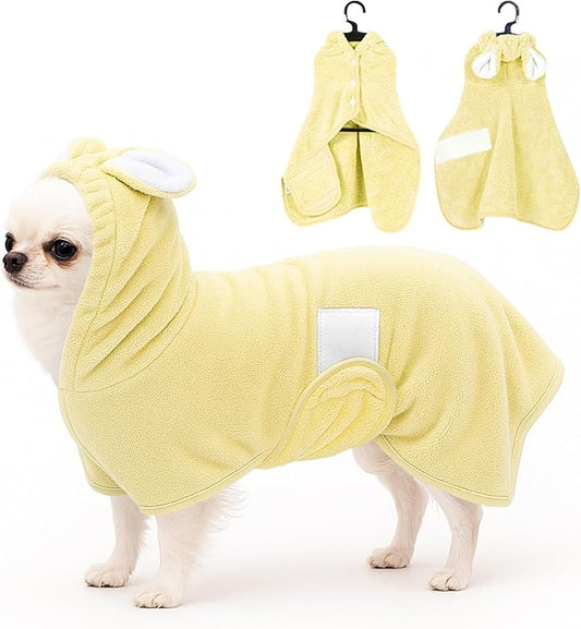 Pet Bathrobe Towel Dog Cat Drying Coat Super Absorbent Cute Dogs Bath Towel Hooded Robe Adjustable Collar & Belly Strap for XSmall to XLarge Pets (Yellow, X-Small)