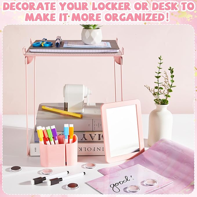 13 Pcs School Lockers Magnetic Decor Locker Accessories Kit with Magnetic Pink Marble Print Whiteboard Locker Shelf Mirror Pen Holder Buckle Sheet Organizer Decoration Essential Back to School Supply