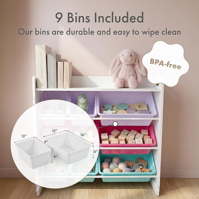 Humble Crew Kids Toy Organizer with Display Shelf, 9 Bins, 3 Tier Storage | Sturdy wood and steel toddler shelf, removable BPA-free containers, wall anchor anti-tip safety kit for bedroom or classroom