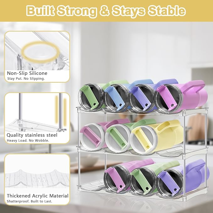 Stackable Water Bottle Organizer for Cabinet - Acrylic Tumbler Organizer Storage Rack for Stanley 40oz, Stanley Cup Holder, Pantry Kitchen Organizers and Storage for Stanley Cup, Holds 12 Bottles
