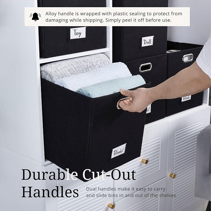 DECOMOMO Felt Storage Bins, 11 inch Cube Storage Bin with Labels | 6 Pack Storage Baskets for Shelves, Kallax (Black)