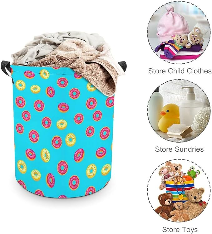 Large Laundry Hamper with Handles Donut Food Pattern, Collapsible Waterproof Basket for Clothing, Toys, and Home Storage Needs