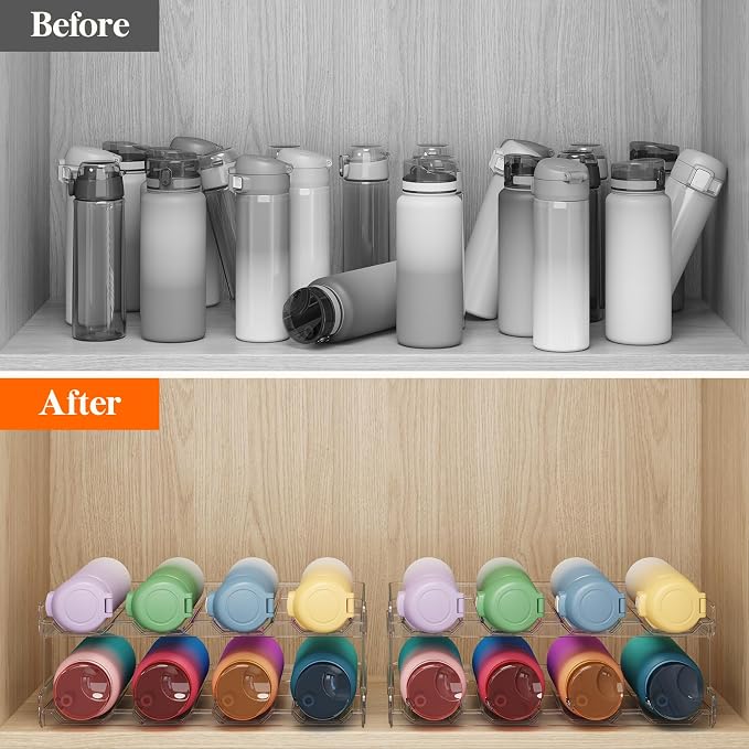 Lifewit Stackable Water Bottle Organizer for Cabinet, Clear Tumbler Holder | Large Slot for Up to 32 oz Cups, Plastic Wine Rack for Fridge, Pantry, Kitchen Organization & Storage, 2-Tier Holds 8 Bottles