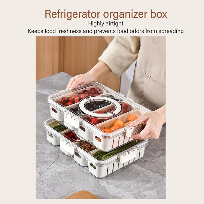 Fruit Storage Container Sealed Drain Design Refrigerator Organizer for Kitchen Picnic PET Clear 31 x 24 x 7 cm 1 Box with 4 Compartments