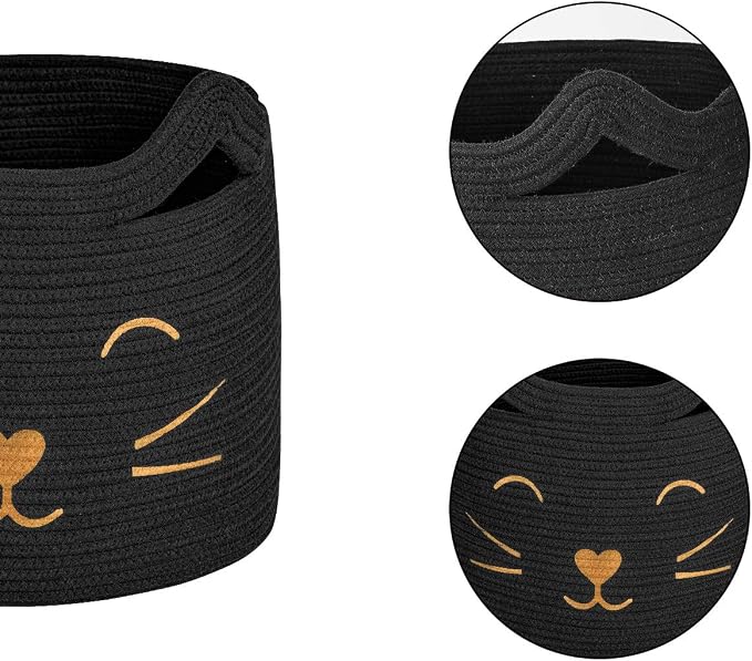 Large Woven Rope Cat Toy Basket with Cat Face Design, Black | 15.7" x 11.8" Toy Bin & Box for Living Room Nursery, Boho Storage Basket for Towels, Blankets, with Sturdy Handles
