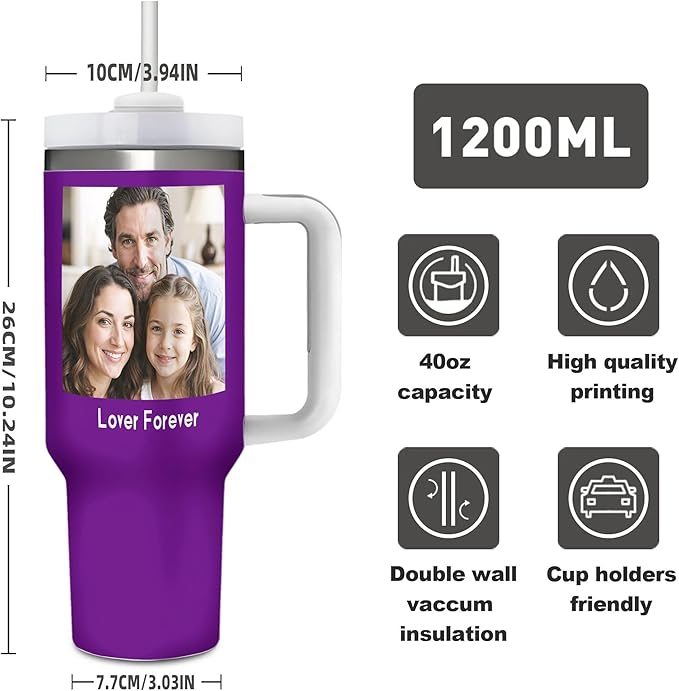 Personalized 40 OZ Ice Bully Cup with Handle and Straw, Custom Stainless Steel Tumbler with Lid Add Photo Logo Text, Design Travel Coffee Cup Present for Family Friends Birthday Christmas