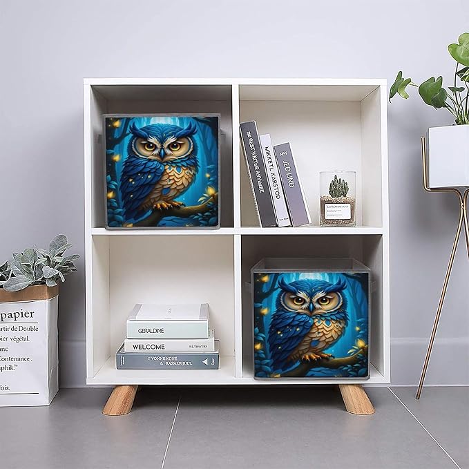 Moonlit Owl Foldable Storage Bins, 10.6" Cube Storage Organizer, Sturdy Oxford Cloth Fabric Baskets for Closet, Shelf, Nursery, Bedroom, Decorative Printed Box for Toys & Clothes