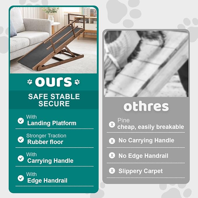 Dog Ramp for Bed & Couch, Foldable Wooden Pet Ramp, 5 Adjustable Heights | Height up to 27.5", Portable Dog Ramp with Non-Slip Rubber Surface & Safety Railings, Pet Ramp for Small, Large, Senior Dogs