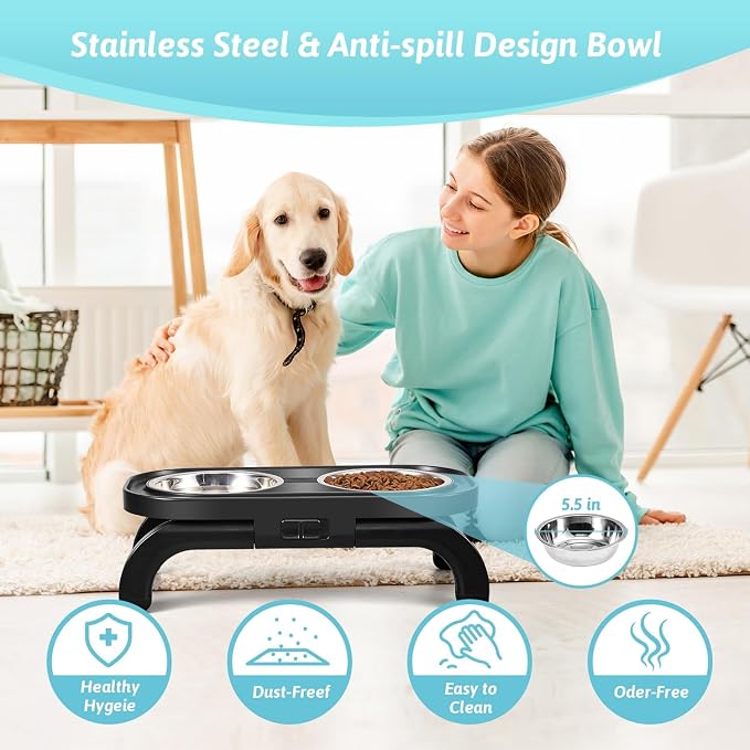 Elevated Dog Bowls, Heighth Adjustable Raised Dog Bowl Stand with Stainless Steel No Spill Water Bowl and Non-Slip Food Bowl, Metal Dog Feeding Station for Small and Medium Dogs & Cats, Black