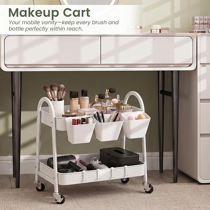 danpinera 2-Tier Rolling Cart, Utility Cart Mobile Metal Rolling Storage Cart with Lockable Wheels & Hanging Cups & Hooks for Kitchen, Bathroom, Office, Workshop, Purple