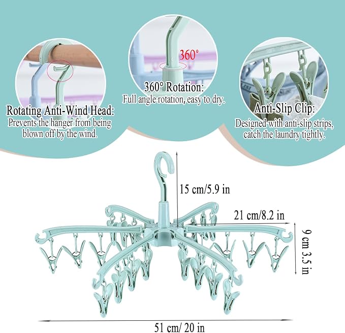 Clothes Drying Hanger with 24 Clips, Foldable Hanging Rack 2 Pack | for Drying Socks Lingerie Baby Clothes Drying Towels Rotatable Sock Drying Rack with 24 Pegs Clips(green)