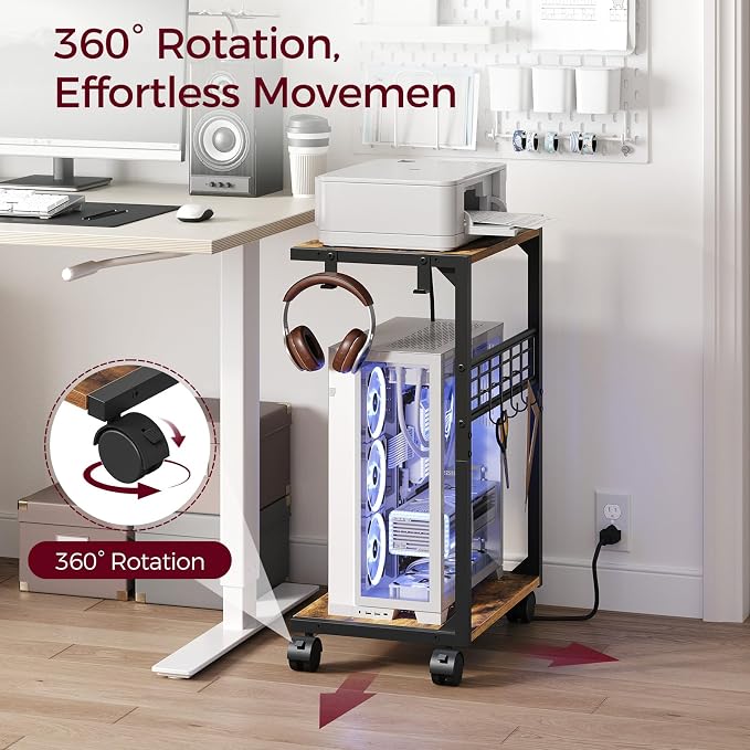 PC Stand, Computer Tower Stand with Charging Station, 16.9"W x 11.4"D x 27.6"H, Computer Cart with Wheels and Hooks, CPU Holder for Carpet, Floor and Under Desk, Easy Assembly, Rustic Brown
