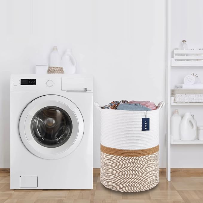 COMSE Tall Woven Blanket & Laundry Basket, 72L, Blend White & Camel | 15.7”x 21.7”, Cotton Rope, Large Nursery Hamper for Storage of Toys Clothes Towels, Great for Living Rooms Bedrooms Bathrooms