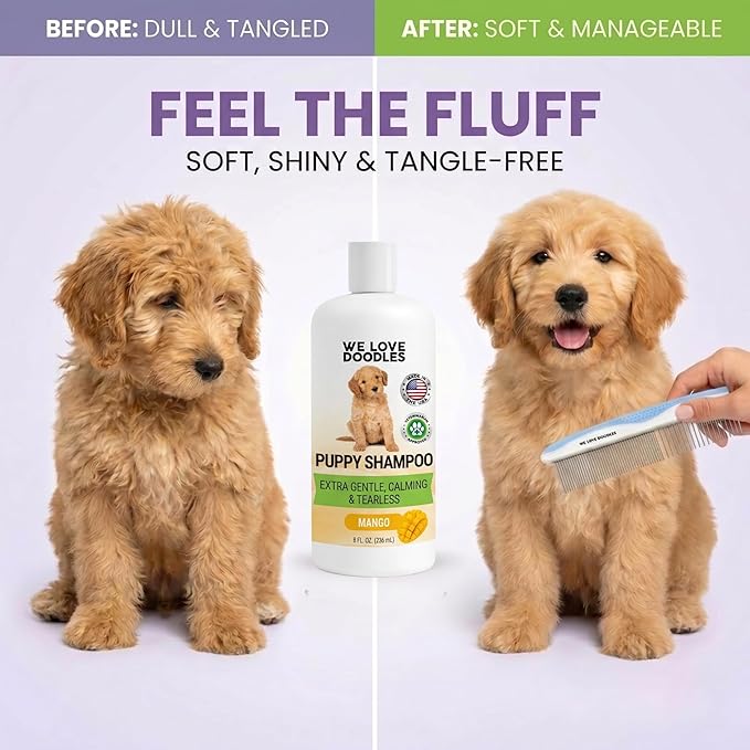 Puppy Shampoo & Conditioner | Made in USA | Tear Free | Best Shampoo for Puppies | Sensitive & Itchy Skin Wash | Oatmeal Bathing | Tearless, Mango, 8oz [We Love Doodles]