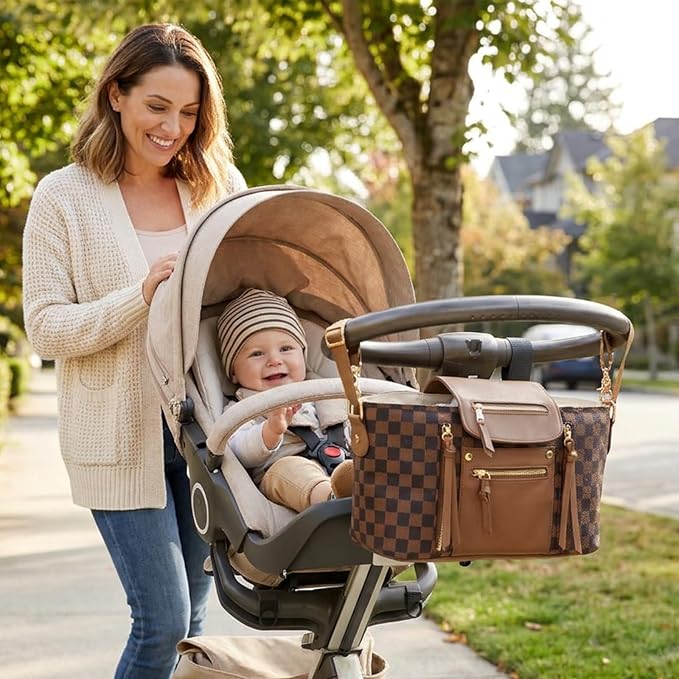 miss fong Checkered Stroller Caddy with Insulated Cup Holder Universal Stroller Organizer Bag Baby Storage Bag with Adjustable Strap, Fits for Baby Carriage like Uppababy, Baby Jogger, Umbrella