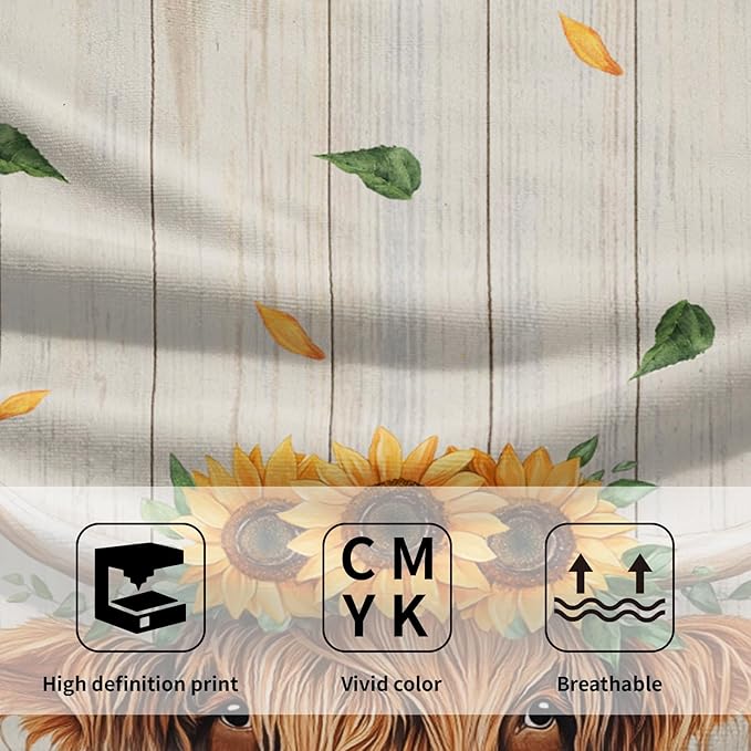 Giwawa Highland Cow Hand Towel Set of 2, Spring Summer Sunflowers Cattle Decorative Towels, Yellow Floral Wood Baord Soft Microfiber Face Towel Washcloth for Bathroom Guest Gym Spa Hotel