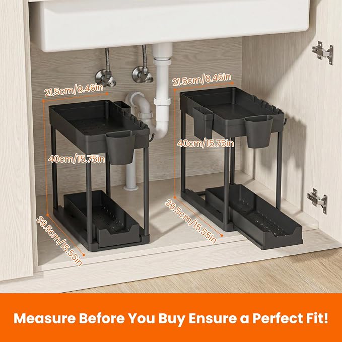 Under The Sink Organizer 2 Pack, 2 Tier Sliding Under Cabinet Organizer | Pull Out Under Sink Storage Multi-Use Undersink Organizers for Countertop, Bathroom, Pantry and Office Organization