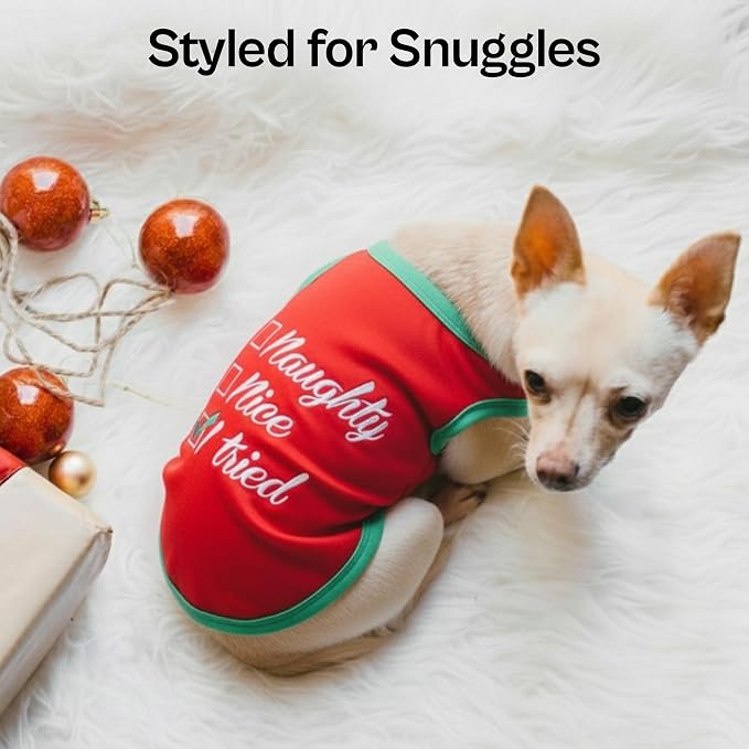 Parisian Pet Dog Tshirt - Embroidered “ Naughty Or Nice “ Dog Shirt - Lightweight Cotton Puppy Christmas Outfit - Sleeveless Funny Christmas Pet Clothes - Shirts for Large Dogs - 4XL