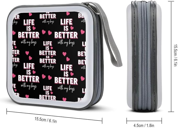 Heavy-Duty DVD Storage Wallet Life Is Better With My Boys, Holds 40 Discs, Hard Shell Binder with Carry Handle, Portable Organizer for Movies Music