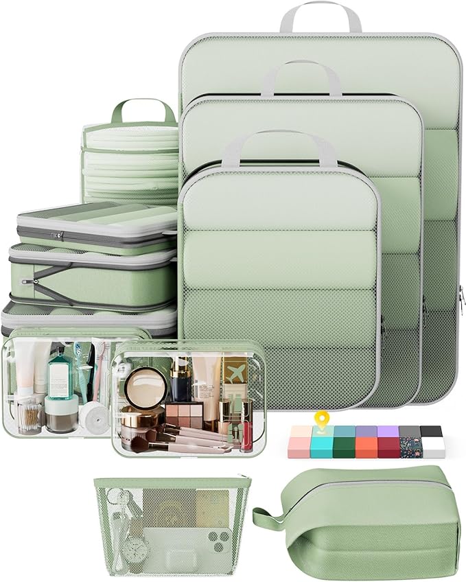 Veken 11 Set Compression Packing Cubes Garment Bags for Travel Essentials,Compressible Expandable Luggage Organizer Bags for Clothing,Space Saver Bags with Over 1000 pcs of Mesh Holes(Matcha Green)