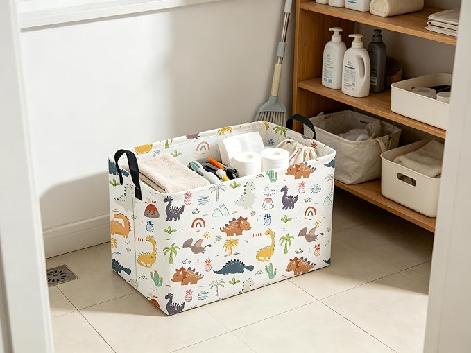 Sanjiaofeng Rectangular Dinosaur Basket,Baby Storage Bins with Handles,Dirty Clothes Basket,Kids Book bin,Dinosaurs Room Decor(Tropical Dinosaurs)