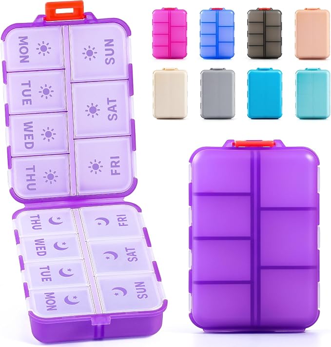 NEW Foldable & Double Protection Portable Weekly Pill Organizer 2 Times A Day with Etched Labels, AM PM 7 Day Week Medicine Box, Daily Travel Pill Case Dispenser for Vitamin, Supplement - Clear Purple