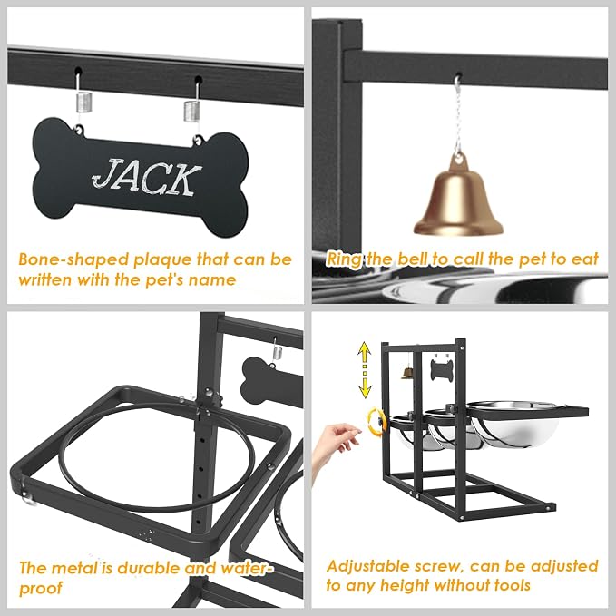 Extra Large Elevated Dog Bowl Stand for Multiple Dogs – 6 Height Adjustable Raised Stand with 3×101oz Stainless Steel Bowls & Non-Slip Mat for XLarge Breeds