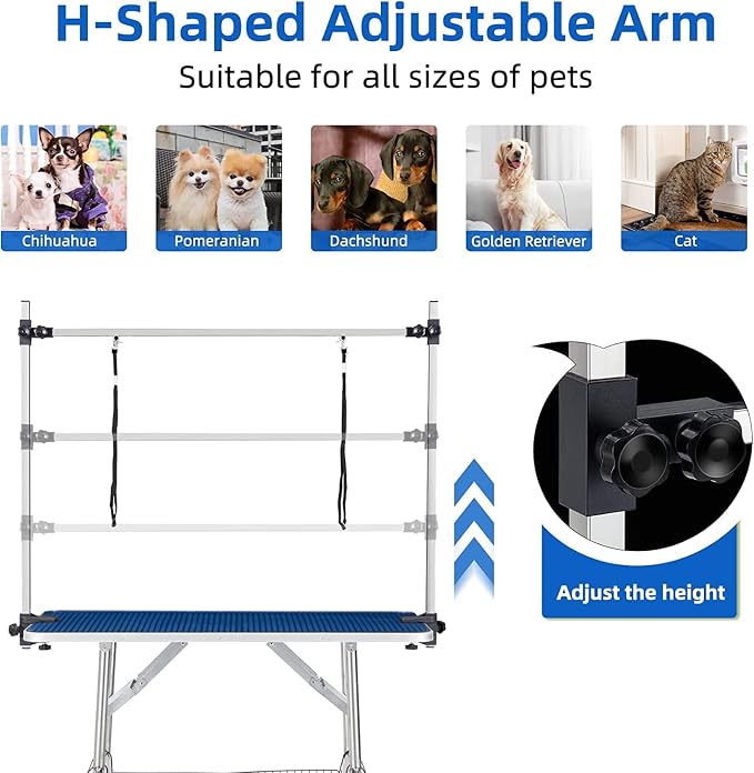 Pet Dog Grooming Table, Foldable Stainless Steel Pet Drying Grooming Table Up to 330lbs, Professional Bathing Desk for Dogs at Home with Adjustable Overhead Arms, Noose, Mesh Tray, 46''/Blue