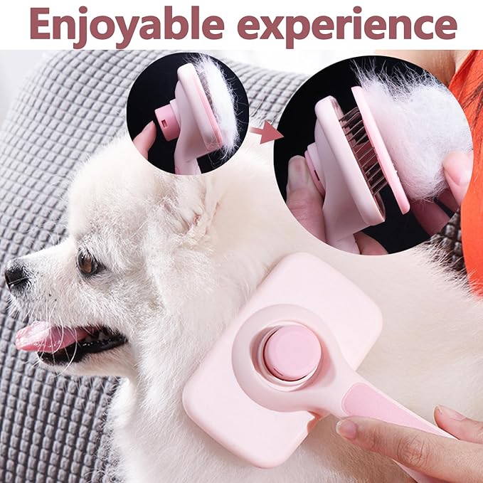 Self-Cleaning Cat Shedding Grooming Brush for Small Dog Pet Short Hair Remover Set Reusable Lint Removal Tool Carpet Scraper for Clothes Couch Bedding Furniture Car Pink