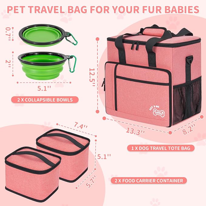 TORIBIO Large Dog Travel Bag for Supplies with Food Bowl | With 2 Food Container and Collapsible Bowls, Mat & Divider, Water-resistant, Pet Travel Kit for Weekend, Road Trips, Camping
