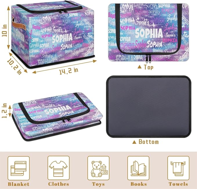 Custom Rectangle Storage Basket Zipper Lid, Personalized Name Organizer Bin for Pet/Children Toys, Books, Clothes, Perfect for Rooms/Playroom, Purple Blue Galaxy with Stars