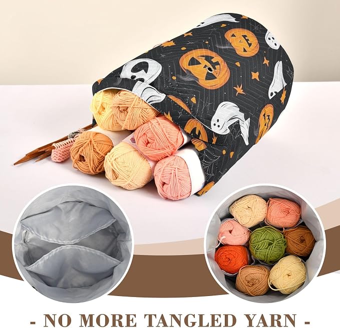 Tatenale Crochet Bag Yarn Bag Knitting Project Bag with Pockets and Handle Portable Yarn Storage Organizer Tangle Free 8.3x11 InchGothic Halloween Ghost Pumpkin and Spider Web04