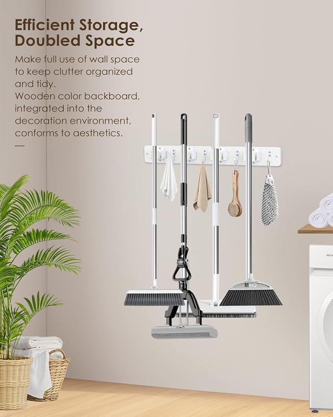 Broom Holder Wall Mounted, 2 Pack White 4 Holders and 4 Hooks Mop Holder, Wooden Mop and Broom Holder with Anti slip rubber, Natural pine wood Brush Holder, Mop Wall Holder with Nail installation | Mop Holder Wall Mount and Broom Hanger for Garage, Lau...