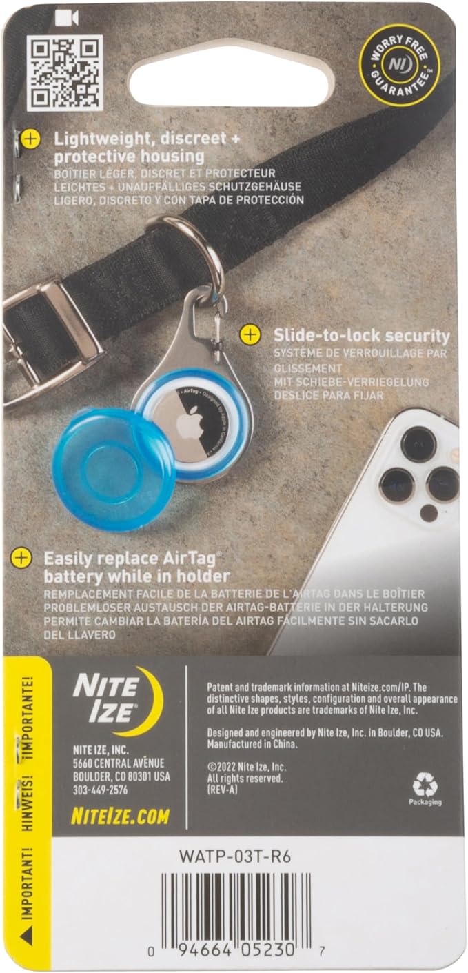 Nite Ize Wearabout Pet Clippable Tracker Holder - Compatible with Apple AirTag - Pet Tracker Keychain & Carabiner Clip - Lightweight Holder with SlideLock Case, Steel Clip & Wire Gate - Blue (2 Pack)