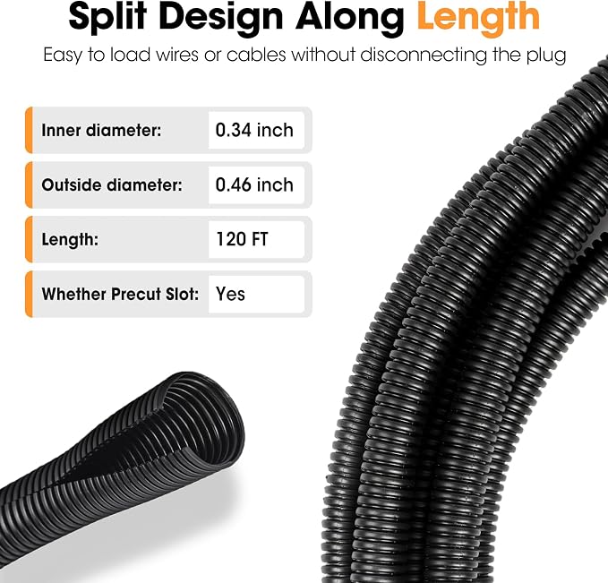 120 FT Wire Loom 3/8 Inch, Split Wire Loom Tubing Wire Conduit, Wire Protector Tubing – Black
