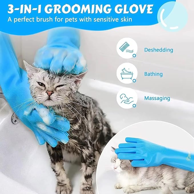 Pet Grooming Gloves for Dogs & Cats, Silicone Deshedding Brush, Gentle Fur Remover, Bathing & Massage Gloves, Blue