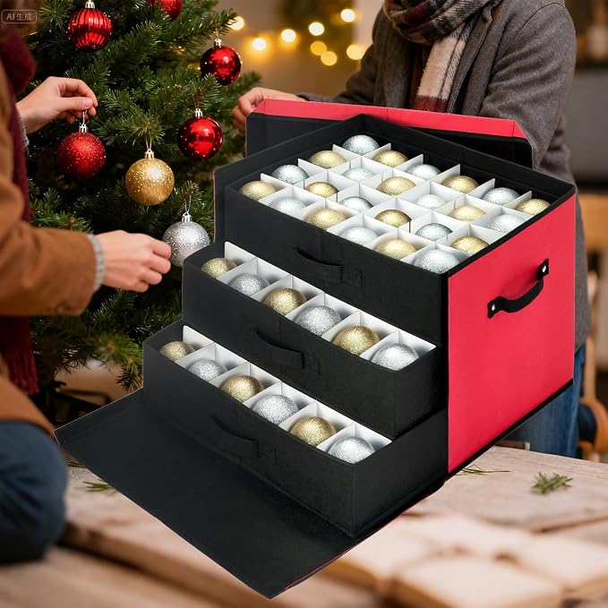 Christmas Ornament Storage Box with Adjustable Dividers, Large Holiday Ornaments Storage Container Bin with Lid for Xmas Decorations (72-3" Balls, Red, With Removable Tray)
