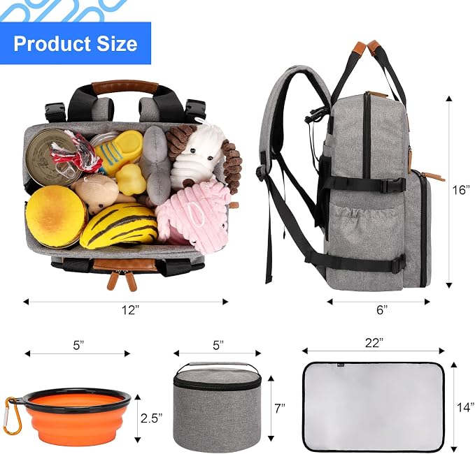 Modoker Dog Travel Backpack Set with 2 Food Bags, 2 Bowls and 1 Mat, Grey | Water-Resistant Oxford Fabric | Roomy Main Compartment | Multiple Functional Pockets | Stroller Strap | Leak-Resistant Lining