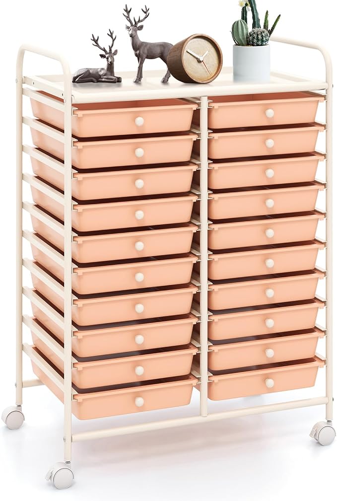 20 Drawer Rolling Storage Cart, Art Cart Organizer with Wheels for Makeup, Tool, Paper, Multipurpose Craft Storage Cart with Drawers for Office, Home, Classroom, School (Peach)