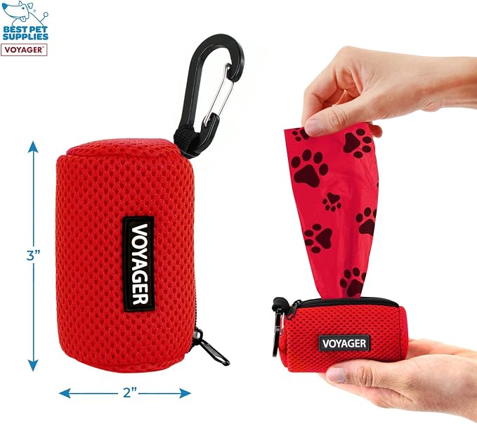 Best Pet Supplies Dog Poop Bag Holder Leash Attachment with Reusable Dispenser for Travel, Walking, Park, and Outdoor Use, Durable with Clip-On - Red, Pack of 2, Mesh Dispenser w/30 Bags